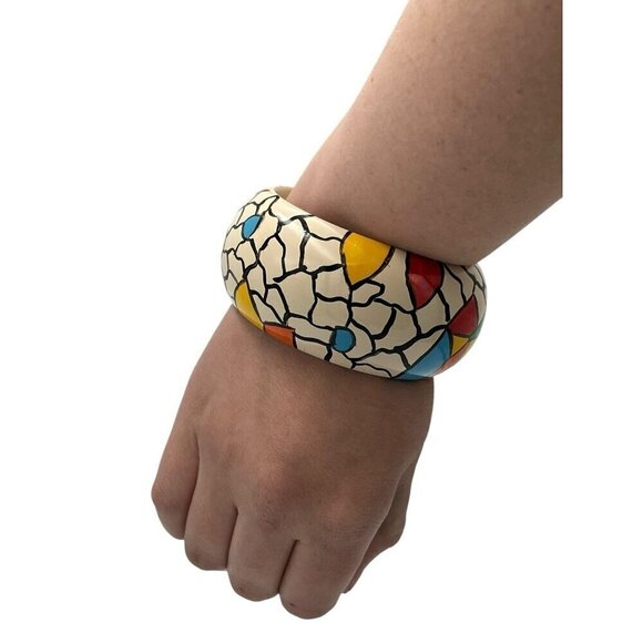 Vtg Retro Artisan Hand Painted Wood Geometric Crackle Bangle Bracelet 80s 90s - Picture 2 of 12